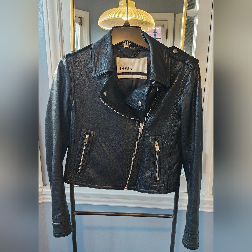 Doma Black Leather Moto Jacket with Silver Hardware